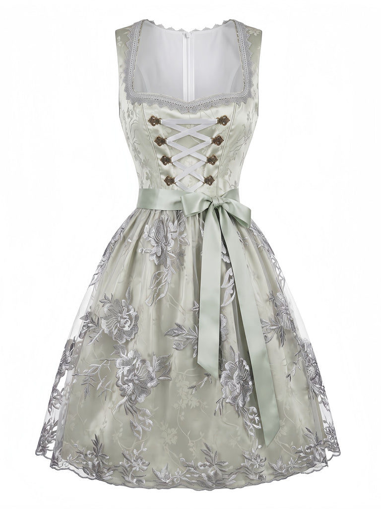 Hellblaues 50er Oktoberfest-Dirndl-Set mit Blumen Schürze und Spitzentop