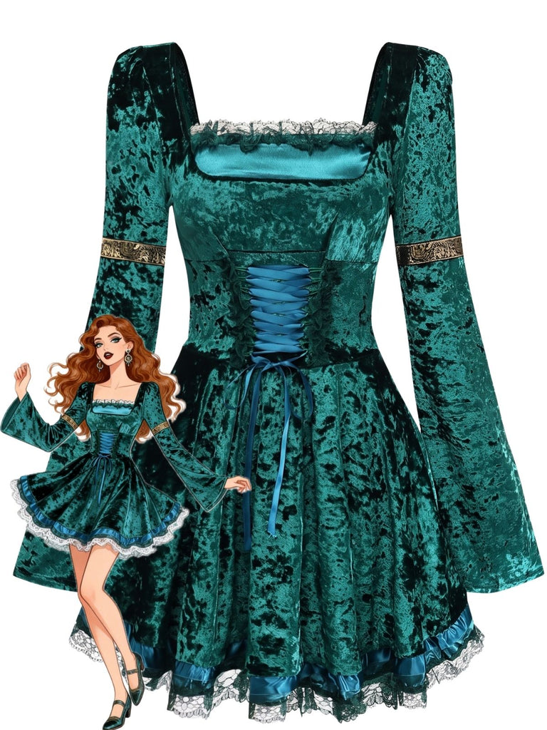 Türkises 70er Samt-Minikleid mit Schnürung und Glockenärmeln