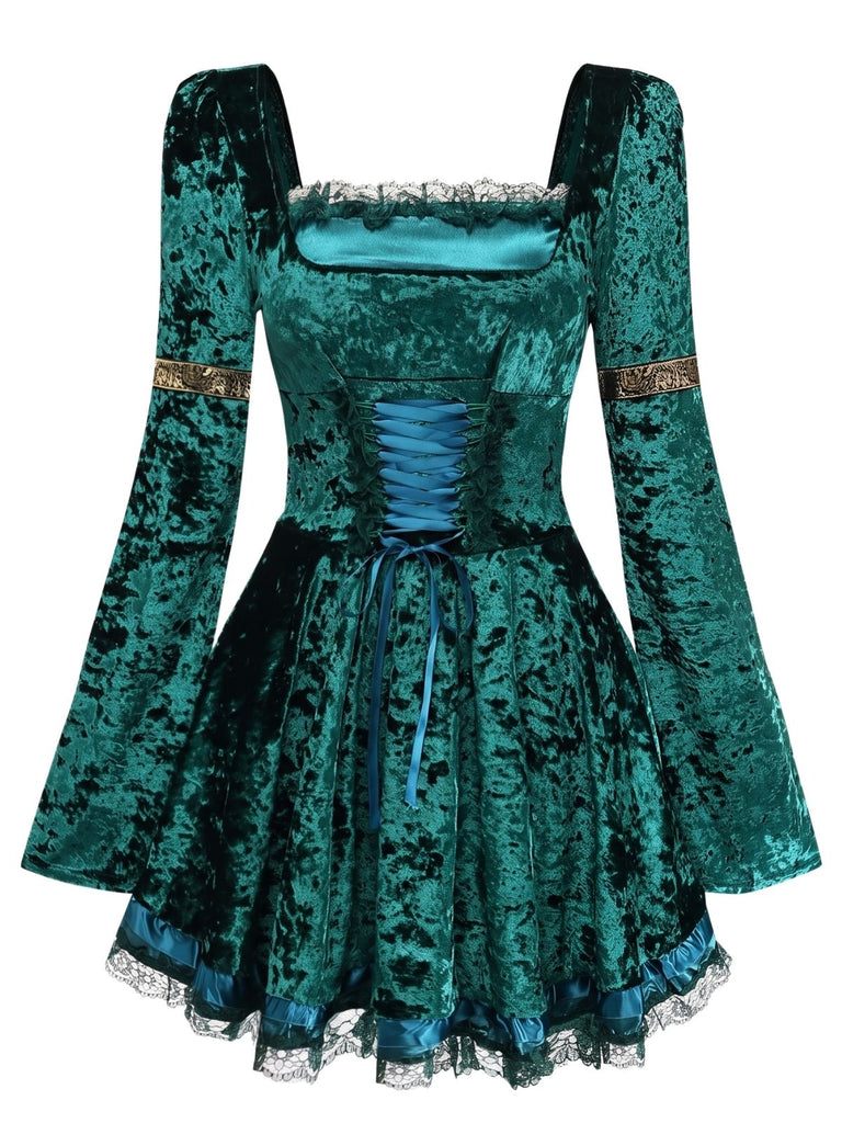 Türkises 70er Samt-Minikleid mit Schnürung und Glockenärmeln