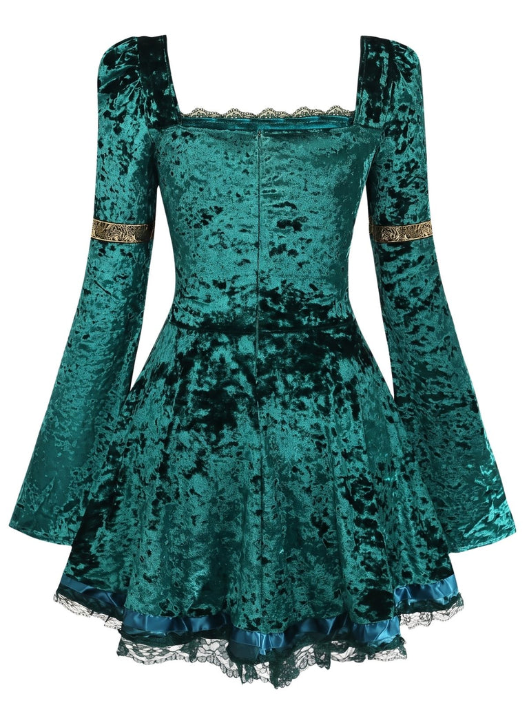 Türkises 70er Samt-Minikleid mit Schnürung und Glockenärmeln