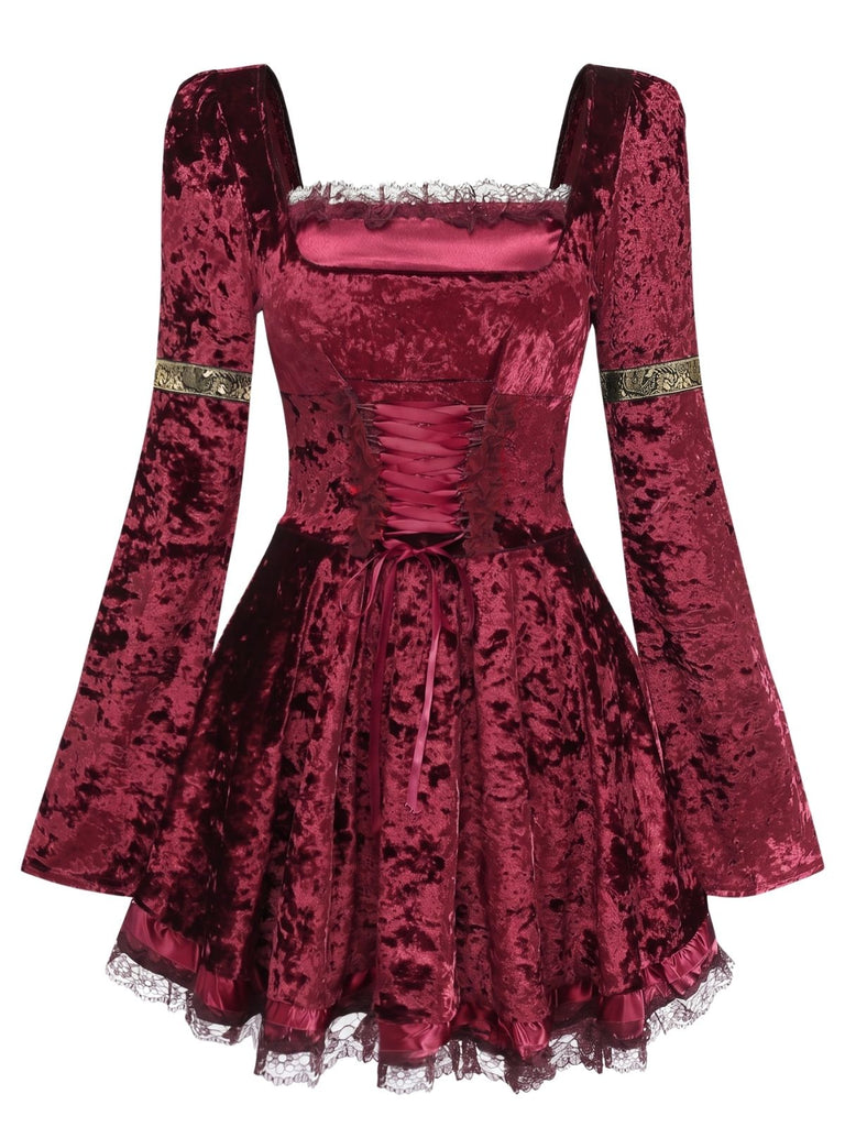 Türkises 70er Samt-Minikleid mit Schnürung und Glockenärmeln
