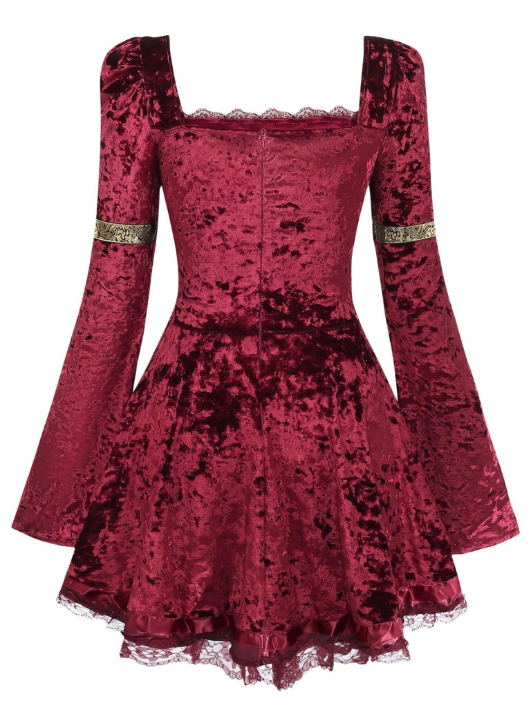 Türkises 70er Samt-Minikleid mit Schnürung und Glockenärmeln