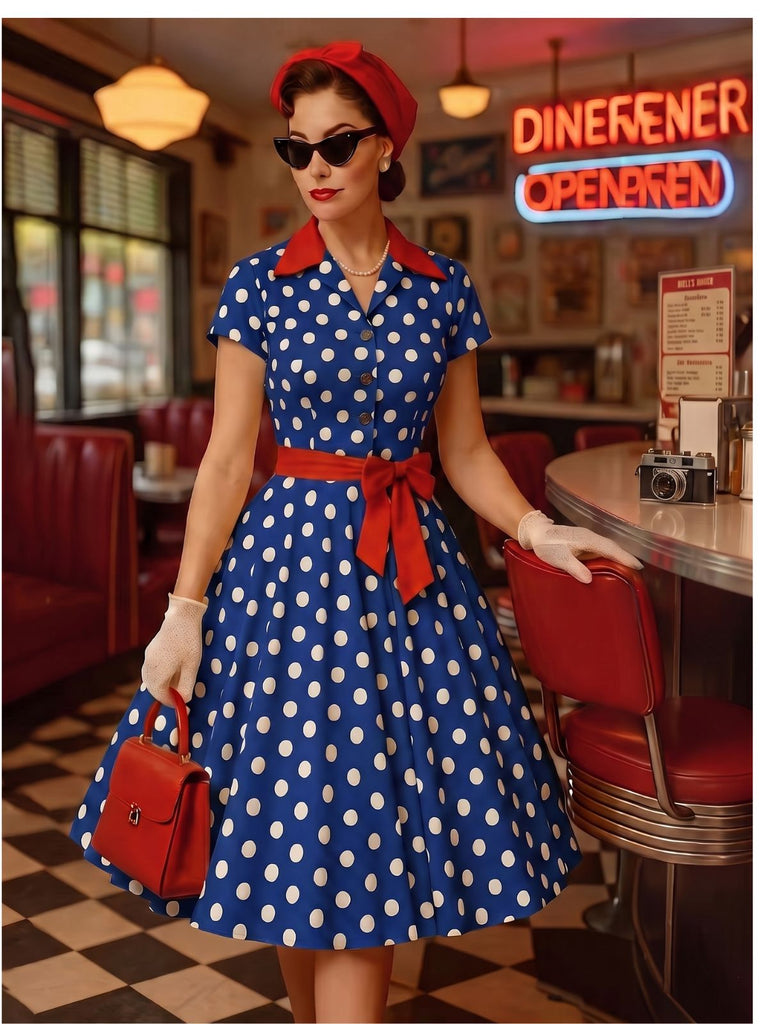 40er Shirtkleid mit Polka-Dots und Bindegürtel