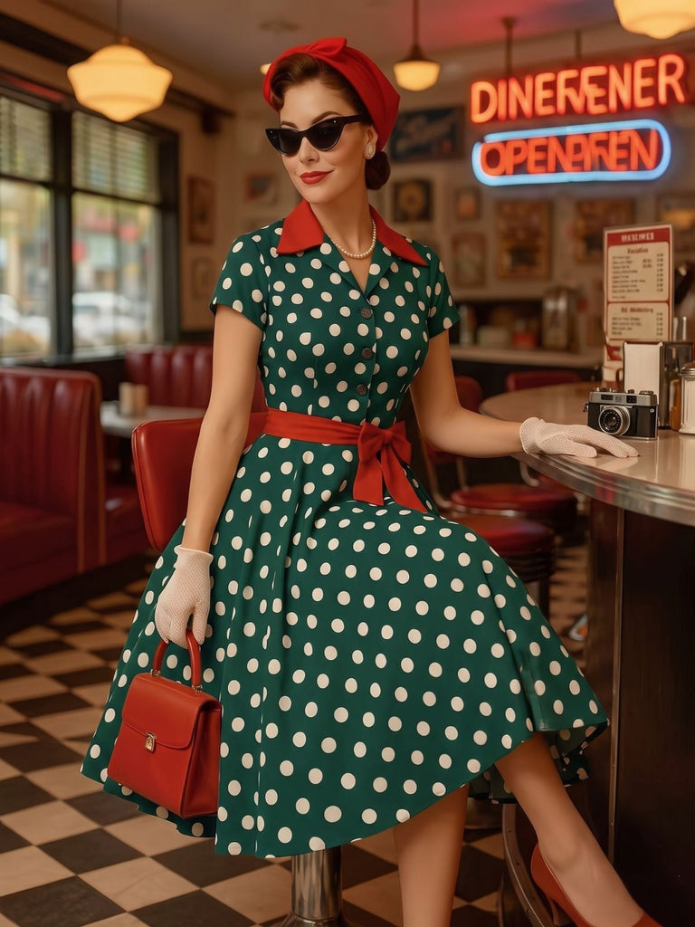40er Shirtkleid mit Polka-Dots und Bindegürtel