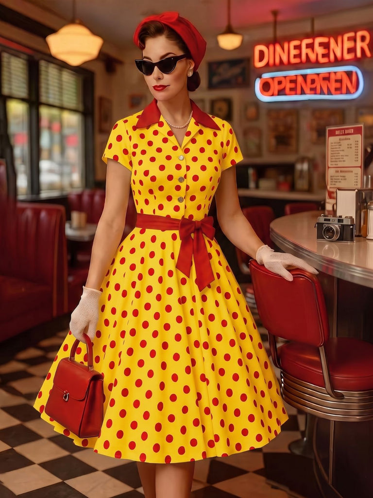 40er Shirtkleid mit Polka-Dots und Bindegürtel