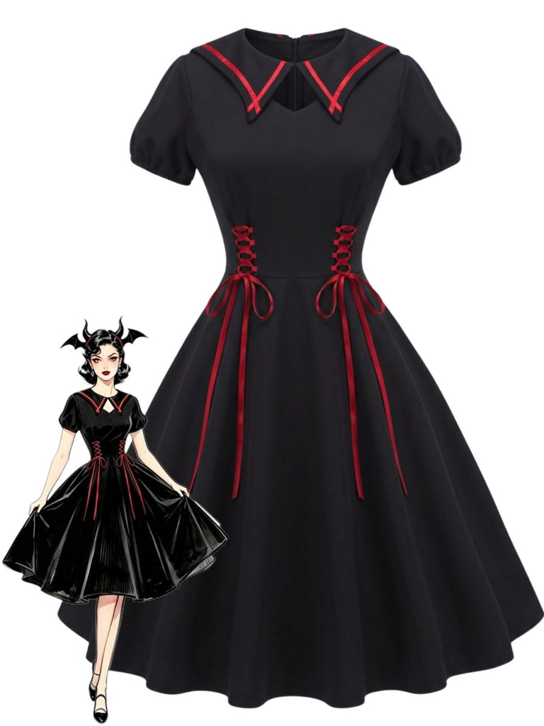 40er Gothic Swingkleid mit Fledermauskragen und Schnürung