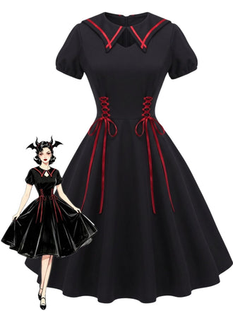 40er Gothic Swingkleid mit Fledermauskragen und Schnürung