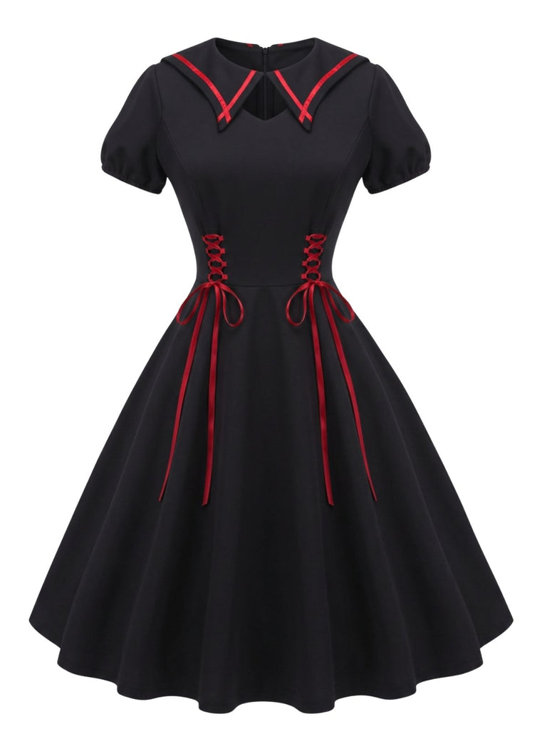 40er Gothic Swingkleid mit Fledermauskragen und Schnürung