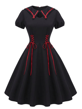 40er Gothic Swingkleid mit Fledermauskragen und Schnürung