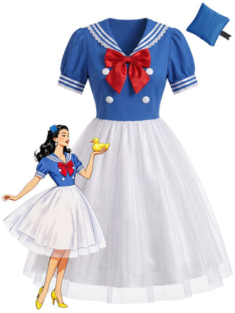 Weiß-Blaues 50er Matrosen-Kleid Set