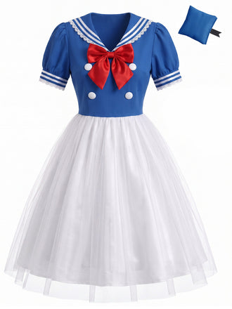 Weiß-Blaues 50er Matrosen-Kleid Set