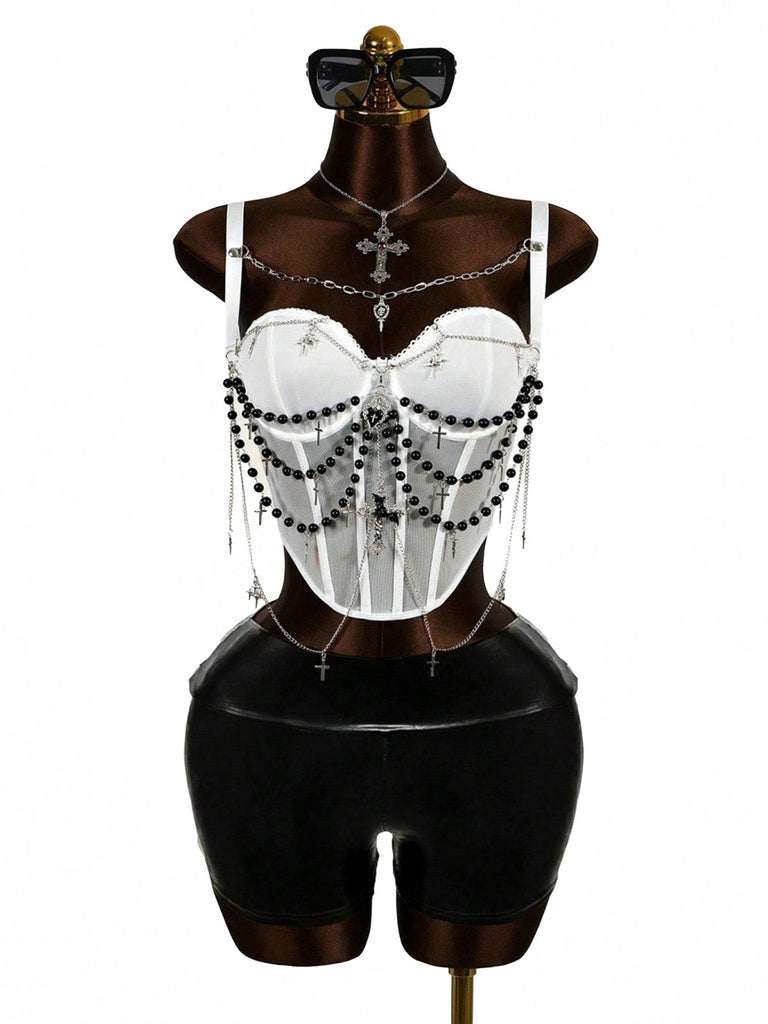 Schwarzer 80er Gothic Korsett mit Perlen