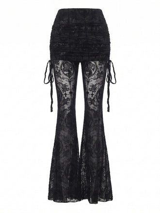 70er Spitzen-Schlaghose mit Rock-Overlay und Raffung