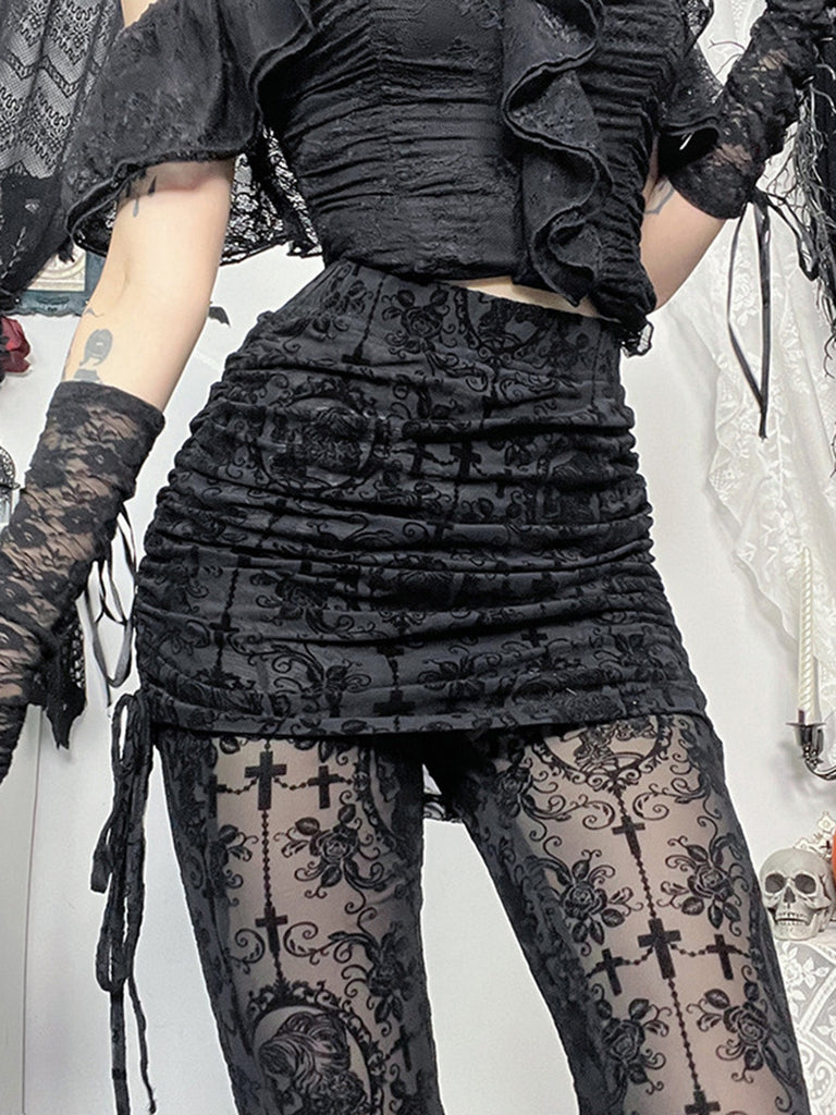 70er Spitzen-Schlaghose mit Rock-Overlay und Raffung