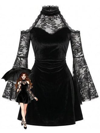 Schwarz 60er Cold-Shoulder mit Glockenärmel und Samt