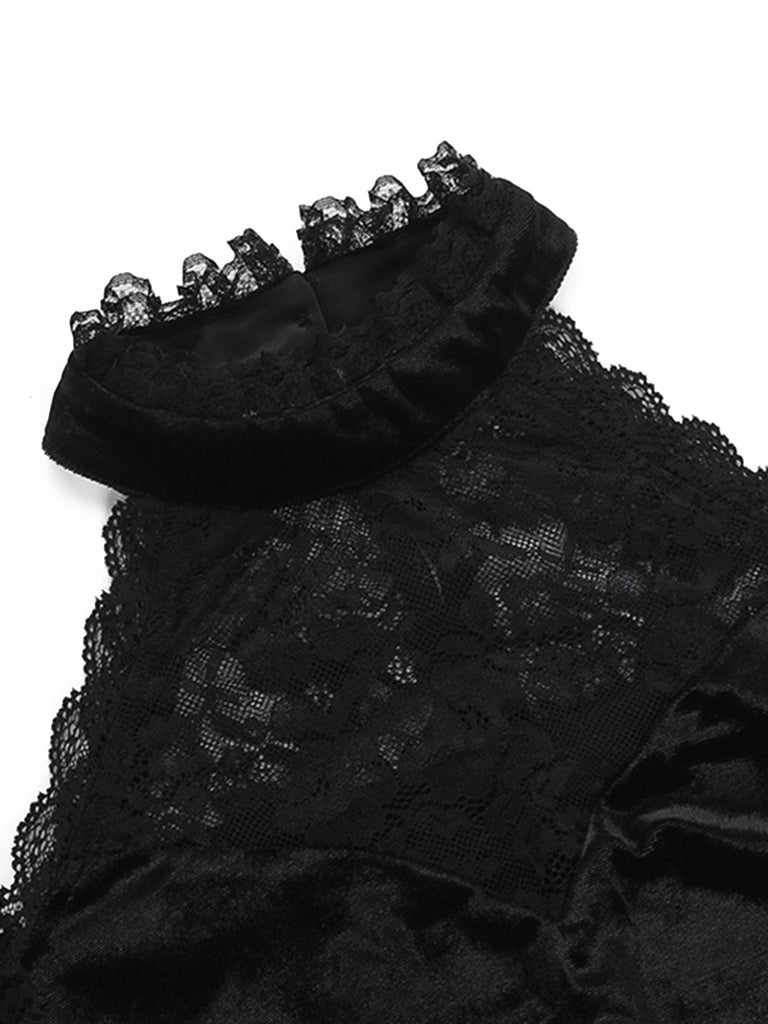 Schwarz 60er Cold-Shoulder mit Glockenärmel und Samt