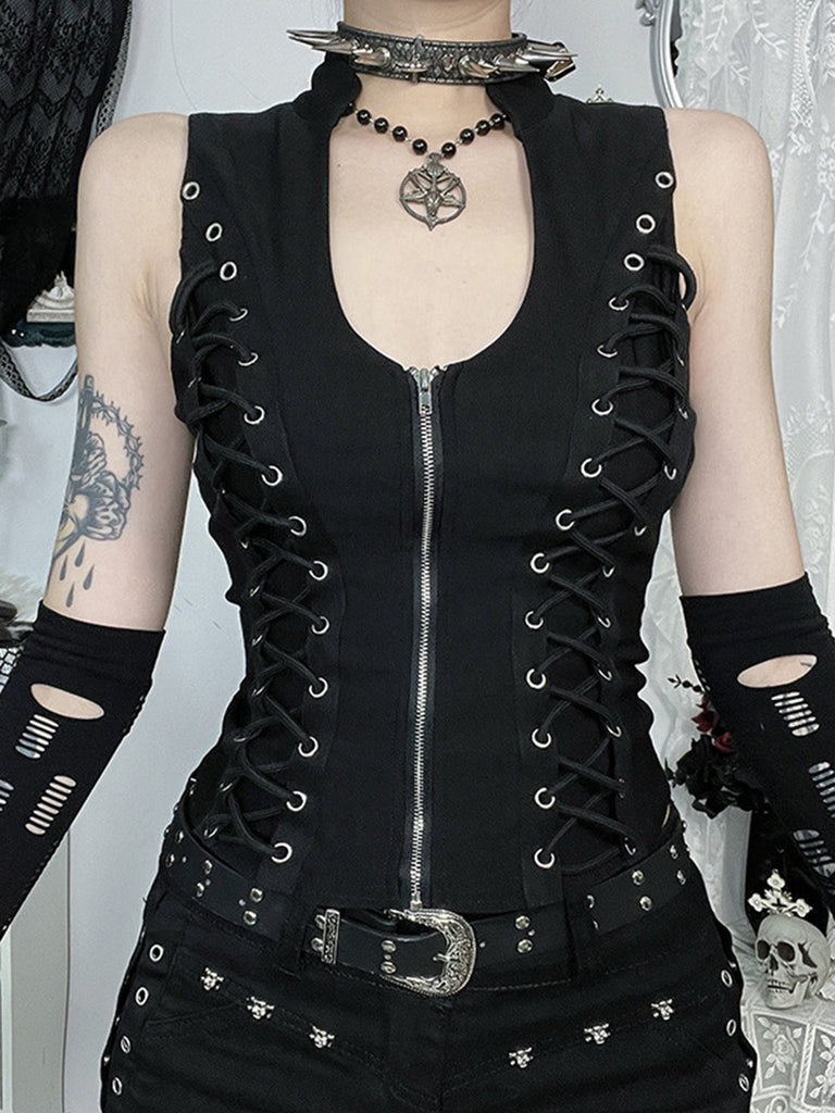 Schwarze 70er Gothic-Korsettweste mit Stehkragen und Schnürung