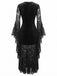 Schwarzes 70er Gothic Samtkleid mit Spitze und Fledermausärmeln