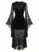 Schwarzes 70er Gothic Samtkleid mit Spitze und Fledermausärmeln