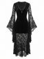 Schwarzes 70er Gothic Samtkleid mit Spitze und Fledermausärmeln