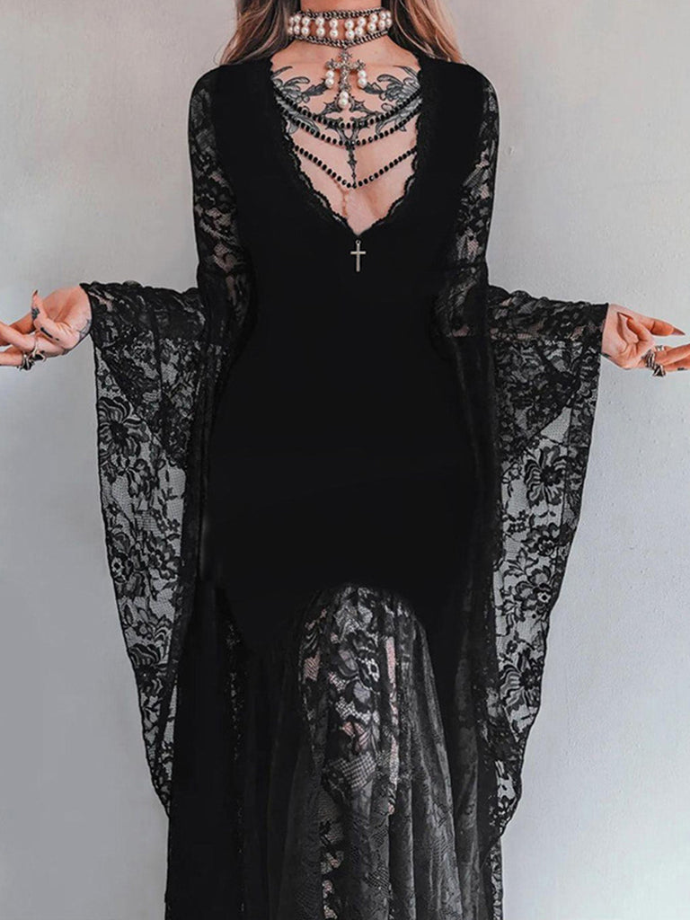 Schwarzes 70er Gothic Samtkleid mit Spitze und Fledermausärmeln
