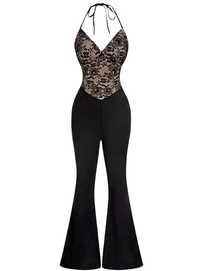 Schwarzer 60er Jumpsuit mit Neckholder und Spitze