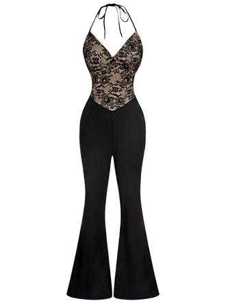 Schwarzer 60er Jumpsuit mit Neckholder und Spitze