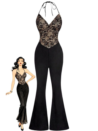 Schwarzer 60er Jumpsuit mit Neckholder und Spitze