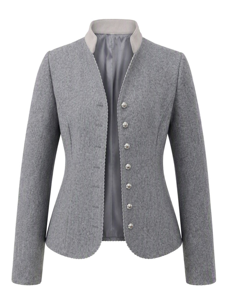 Graue 50er Jacke mit Stehkragen und Zickzack-Besatz