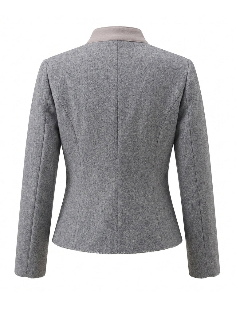 Graue 50er Jacke mit Stehkragen und Zickzack-Besatz