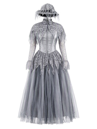 Graues 40er Gothic Maxikleid mit Spitzen-Cape und Tüll
