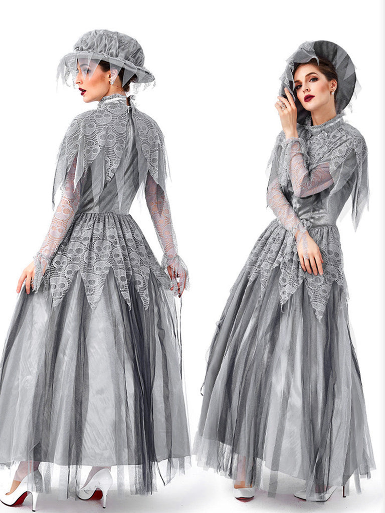 Graues 40er Gothic Maxikleid mit Spitzen-Cape und Tüll