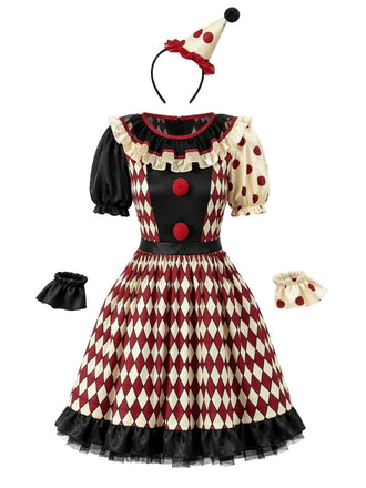 Rot-schwarzes 50er Clown-Kleid mit Polka-Dots und Puffärmeln