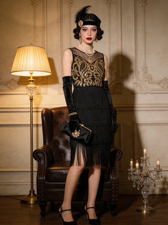 Schwarz-goldenes 20er Flapperkleid mit Perlen-Pailletten und Fransen