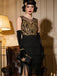Schwarz-goldenes 20er Flapperkleid mit Perlen-Pailletten und Fransen