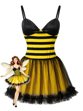 Gelb-schwarzes 50er Bienenkleid mit Streifen und Mesh-Patchwork
