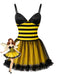 Gelb-schwarzes 50er Bienenkleid mit Streifen und Mesh-Patchwork