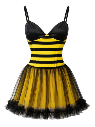 Gelb-schwarzes 50er Bienenkleid mit Streifen und Mesh-Patchwork