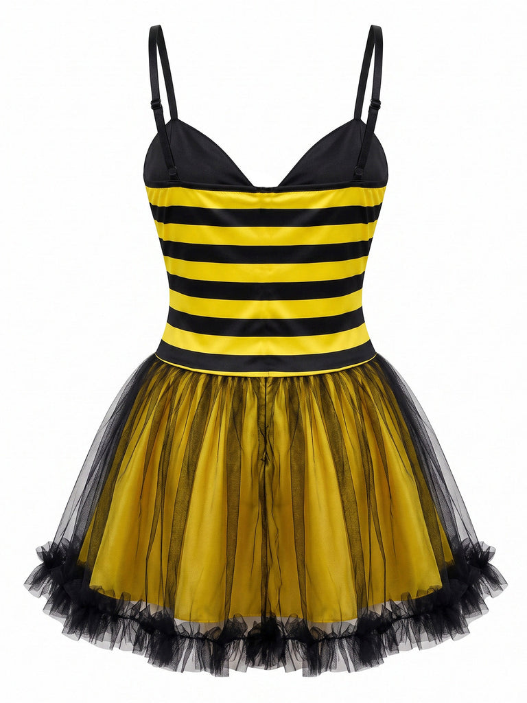 Gelb-schwarzes 50er Bienenkleid mit Streifen und Mesh-Patchwork