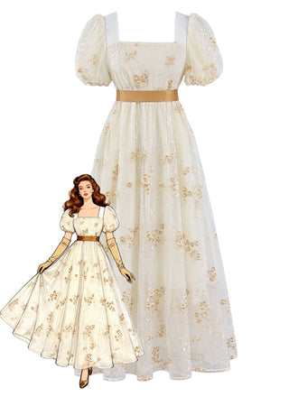 70er Maxikleid mit Blumenstickerei und Puffärmeln