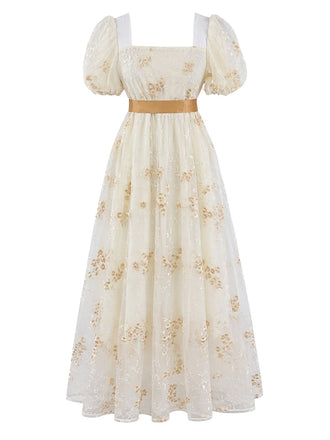 70er Maxikleid mit Blumenstickerei und Puffärmeln