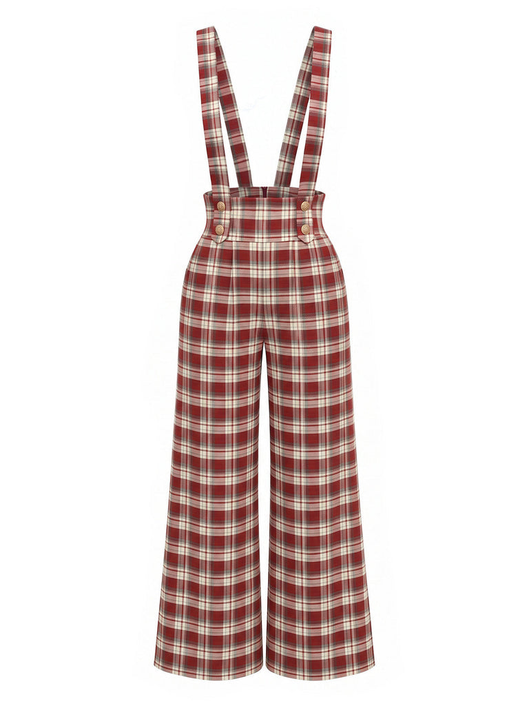 Roter 70er Karo-Latzoverall mit Knöpfen, Taschen und weitem Bein