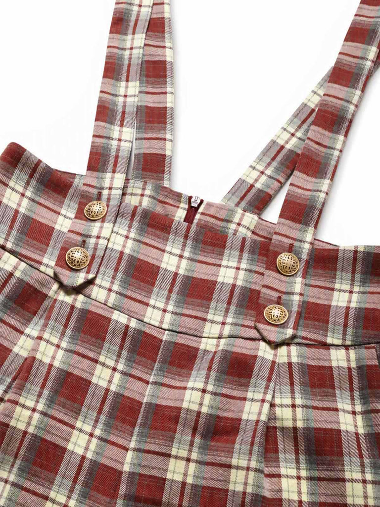 Roter 70er Karo-Latzoverall mit Knöpfen, Taschen und weitem Bein