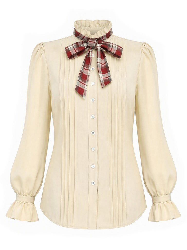 Beige 70er Bluse mit Karoschluppe, Rüschenkragen und Puffärmeln