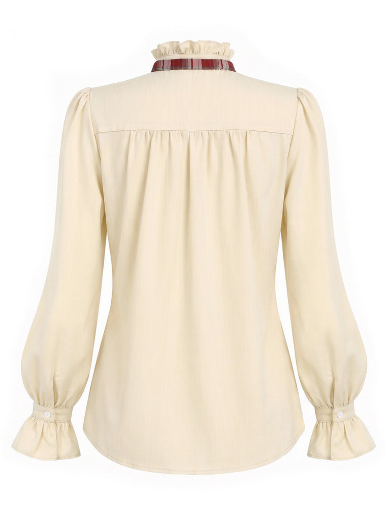 Beige 70er Bluse mit Karoschluppe, Rüschenkragen und Puffärmeln