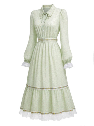 Viktorianisches 30er Blumenkleid mit Spitzenbesatz und Puffärmeln