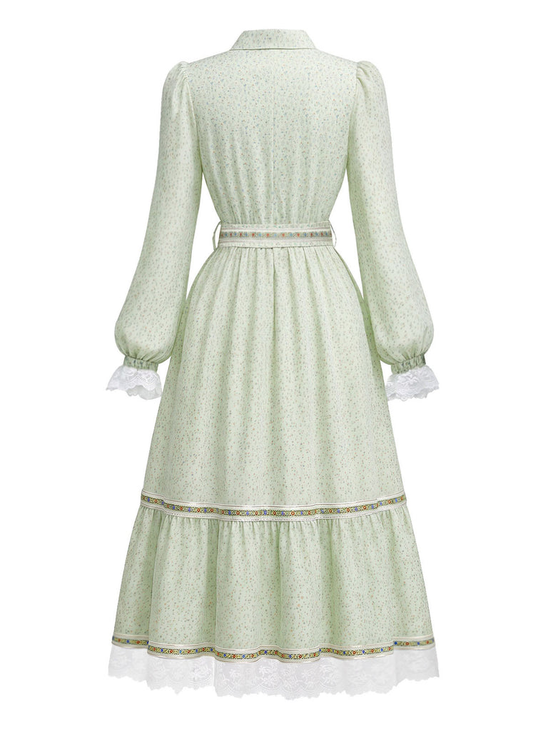Viktorianisches 30er Blumenkleid mit Spitzenbesatz und Puffärmeln