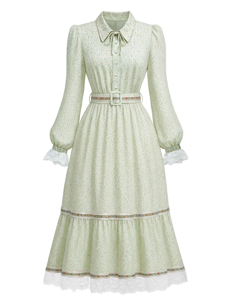 Viktorianisches 30er Blumenkleid mit Spitzenbesatz und Puffärmeln