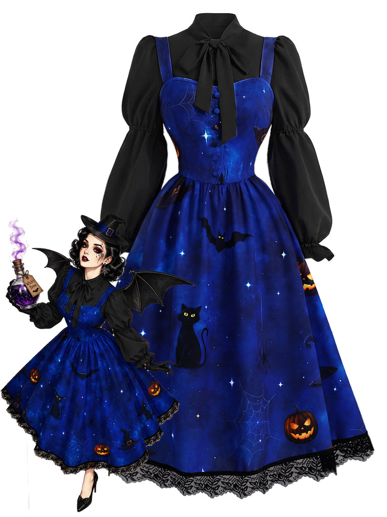 40er Halloween-Set aus Katzen-Kürbis-Kleid und Bluse mit Virago-Ärmeln