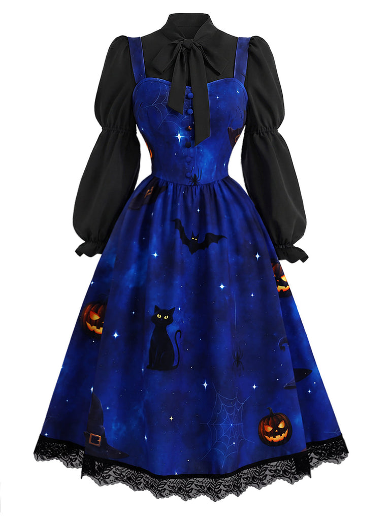 40er Halloween-Set aus Katzen-Kürbis-Kleid und Bluse mit Virago-Ärmeln